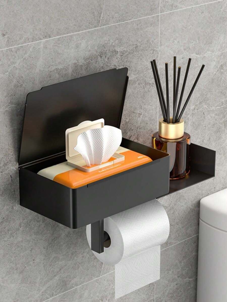 Zwarte toiletrolhouder met opslag ROESTVRIJSTAAL