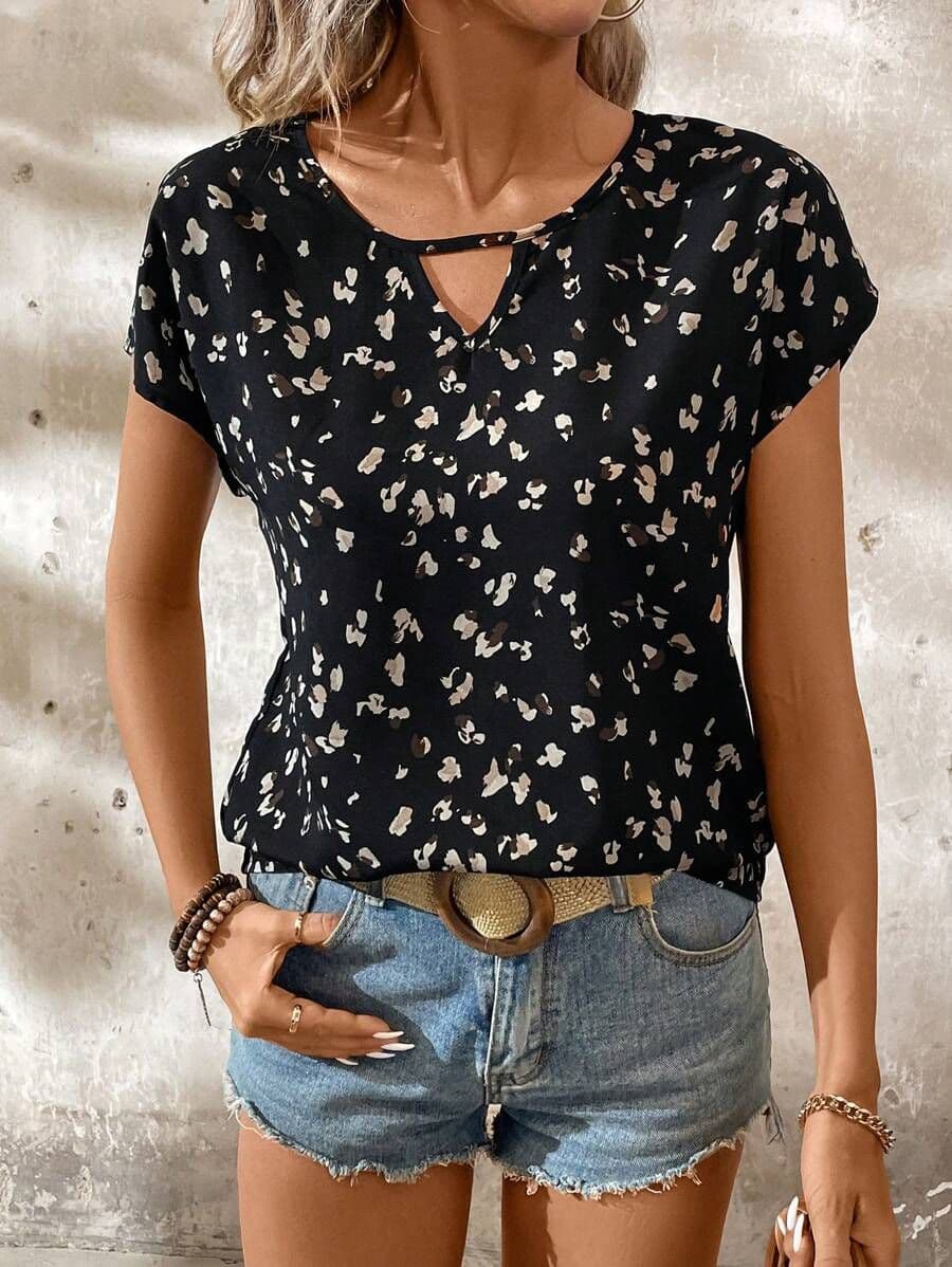 BLOUSE met v-hals en korte mouwen M *