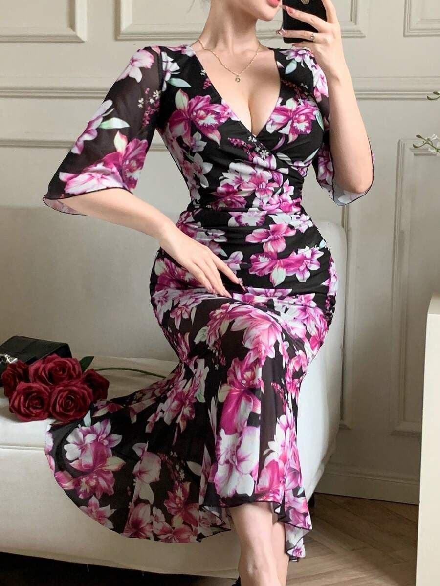 Zwart bloemen jurk L