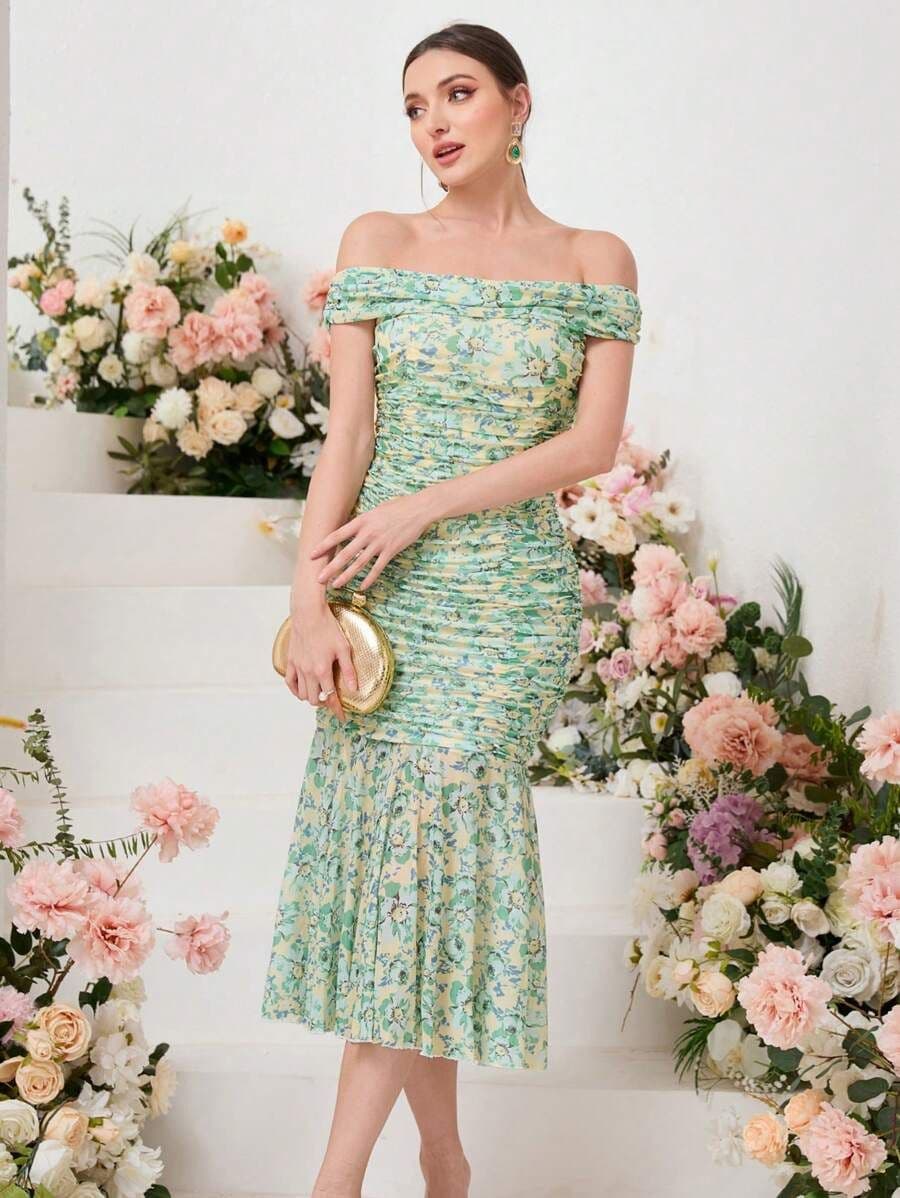 Bloemenprint off-shoulder zeemeermin zoom  LXL