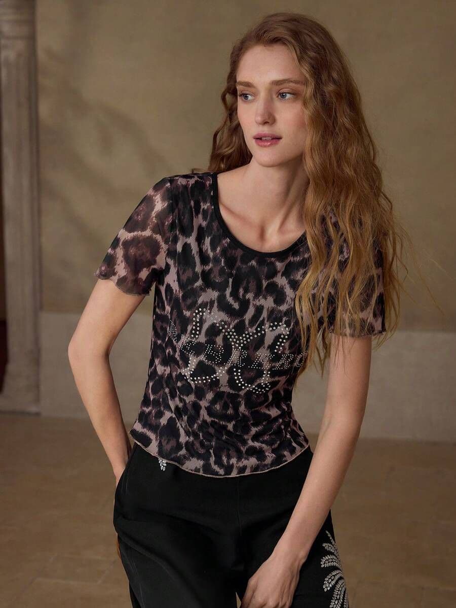 T-shirt met strassen luipaardprint L/M