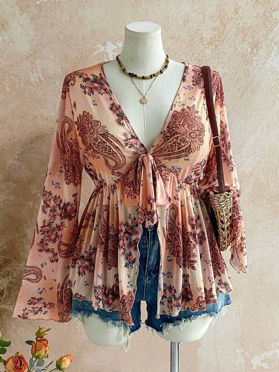 Dames bloemen print knit mesh open 1XL