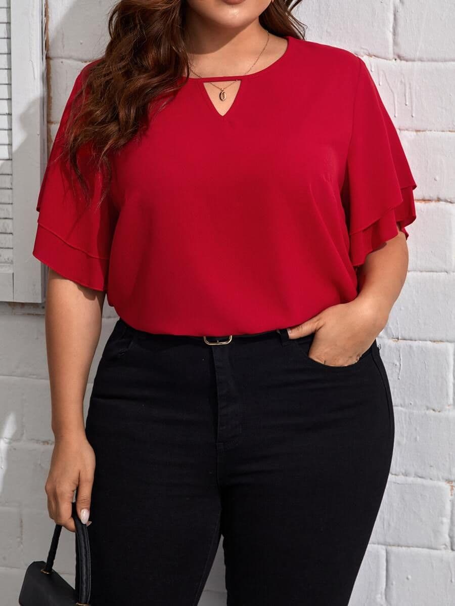 Blouse met sleutelgathals en fladdermouwen 0XL