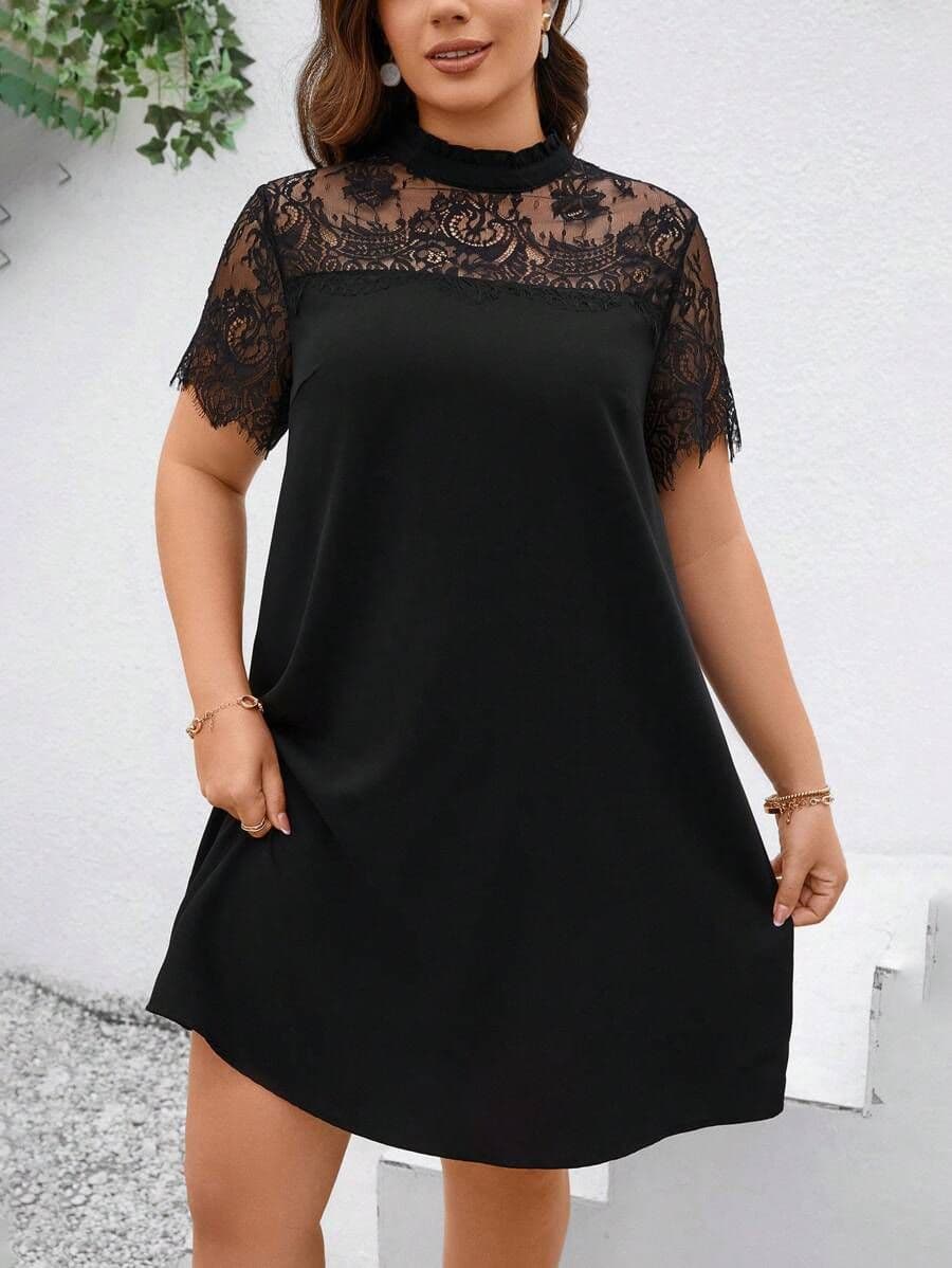 Kant patchwork stand collar jurk 0XL