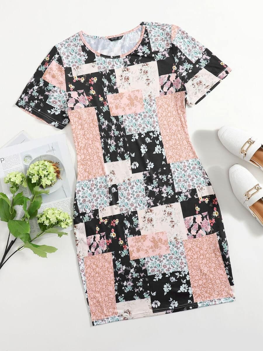 Bodycon-jurk met patchworkprint 1XL