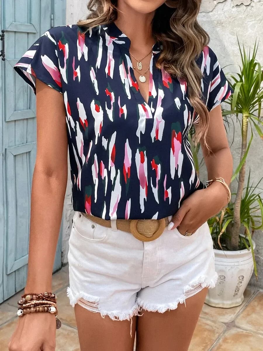 Popoverblouse met volledige print en vleermuismouwen M