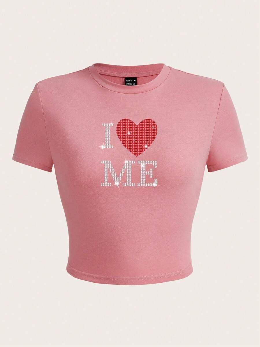 Ezwear t-shirt met strass hart en sloganpatroon