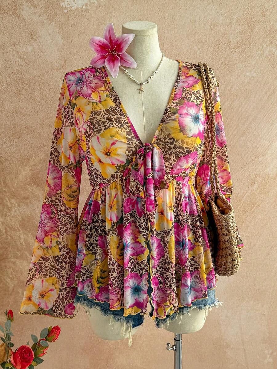 Bloemen print knit mesh open voorkant 0XL *