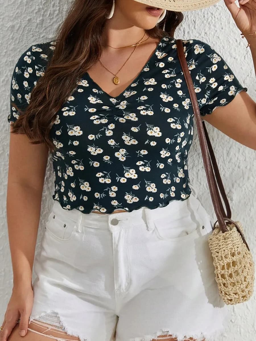Dreamara plus t-shirt met sla-versiering en bloemenprint