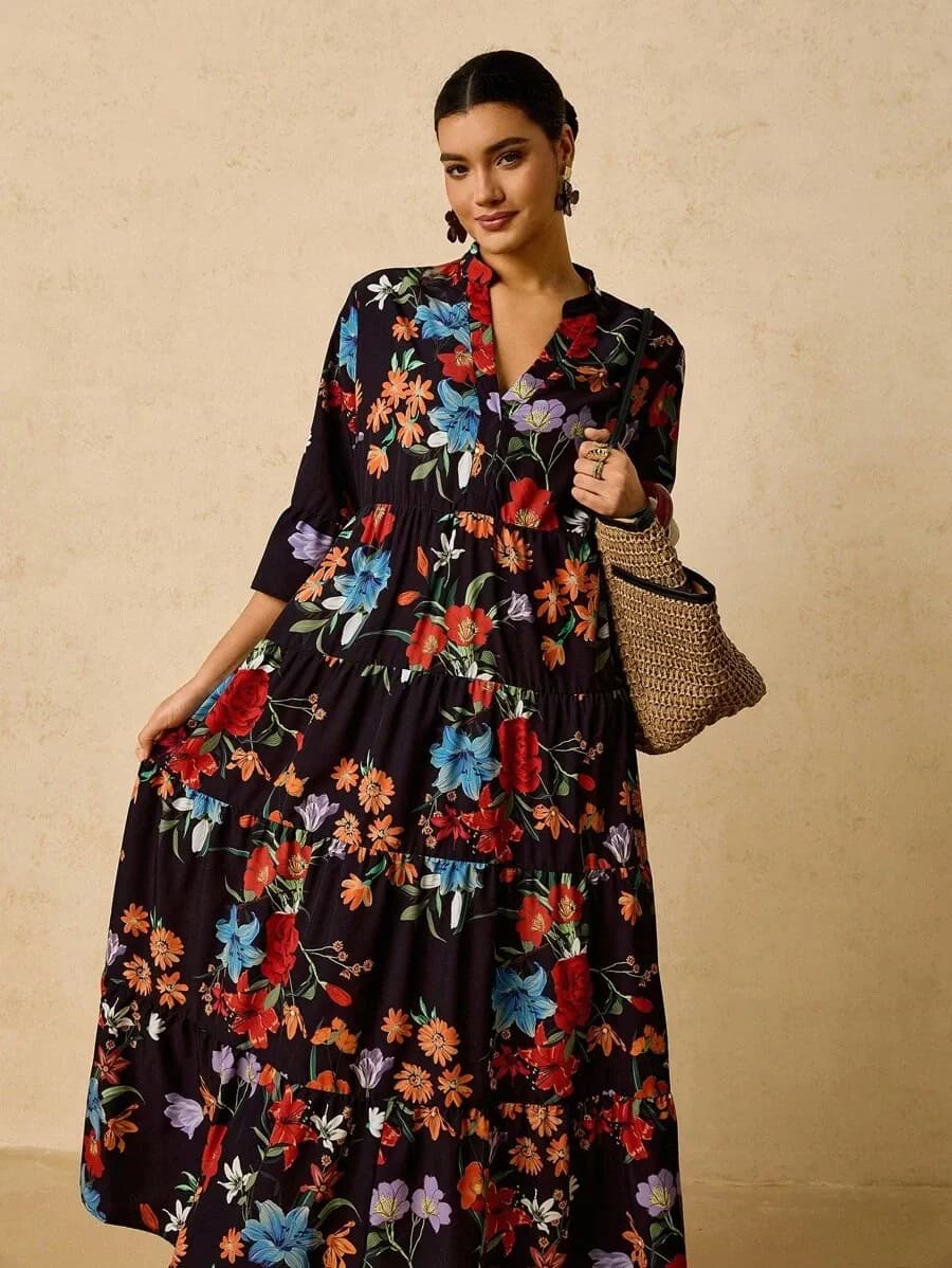 Bloemen print v-hals flare 1XL * VERKOCHT