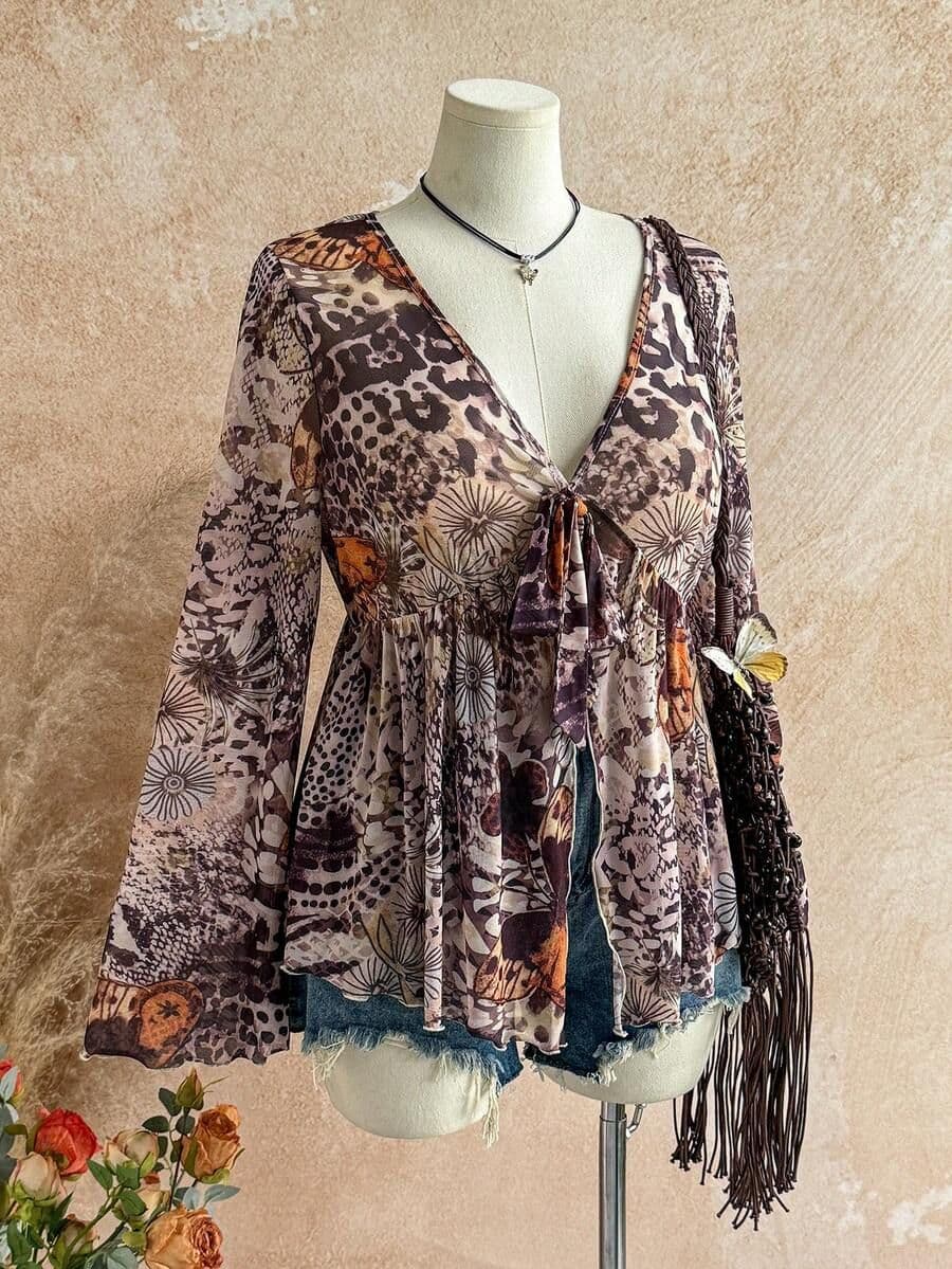 Rood bloemen print knit mesh open 1XL